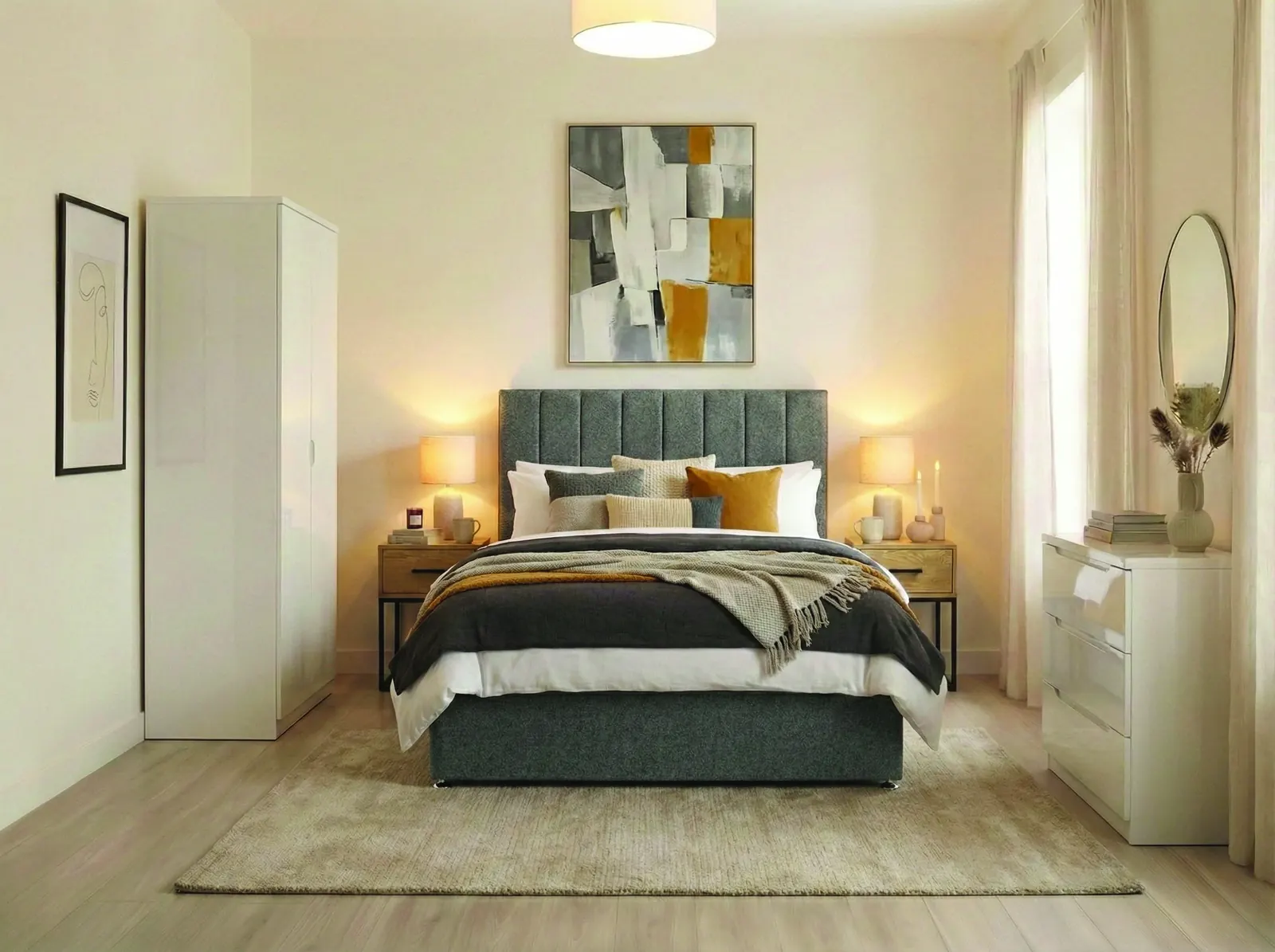 Furnished HMO bedroom with bed, wardrobe and bedside lamp